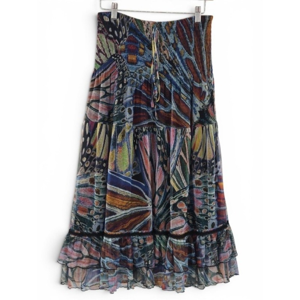 Abstract Butterfly Print Mesh Midi Skirt L Smocked Waist Tiered Ruffle Bohemian
